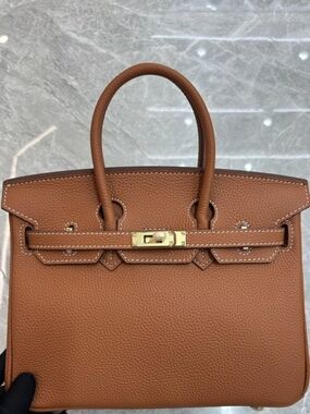 Luxury Tan Leather Top-Handle Bag with Gold Hardware Birkin Size 30 cm